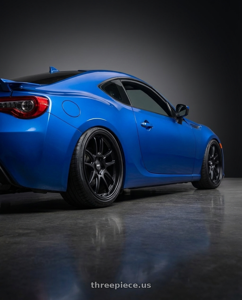 2017 Subaru BRZ with ESR Wheels APEX SERIES AP8 5x100 18x9.5 +35 Matte Black wheels rear three quarter view slight stretch tires