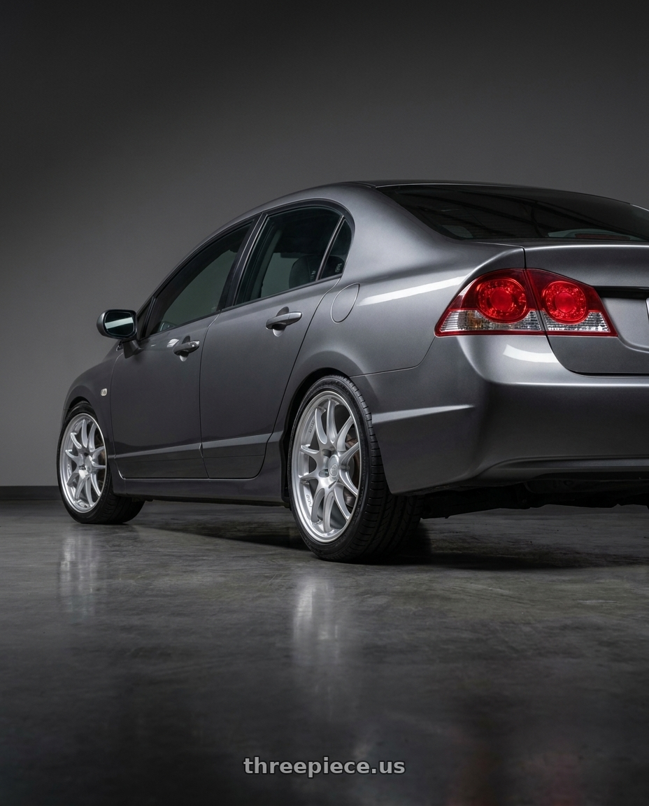 civic fd1 2009 with Enkei PF01 5x114.3 18x8.5+48 Silver wheels rear three quarter view square tires