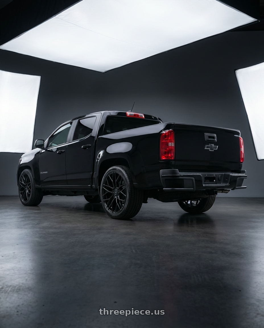 2019 Chevy Colorado  with KATANA RACING KR01 5x108 18x8 +40 Glossy Black wheels rear three quarter view slight stretch tires