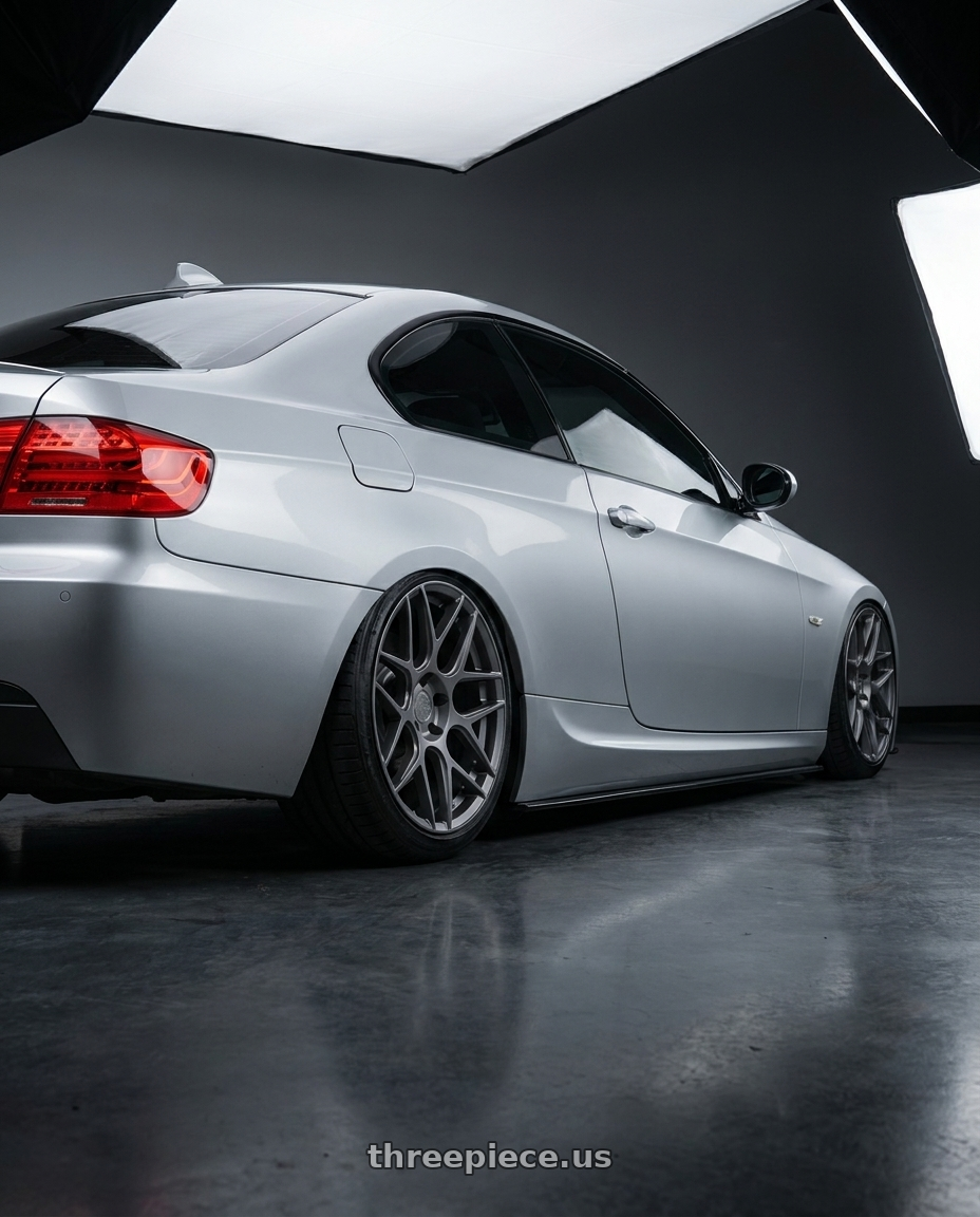 2012 BMW 3 Series E92 with Aodhan AFF2 5x120 19x9.5+35 Matte Gray wheels rear three quarter view slight stretch tires