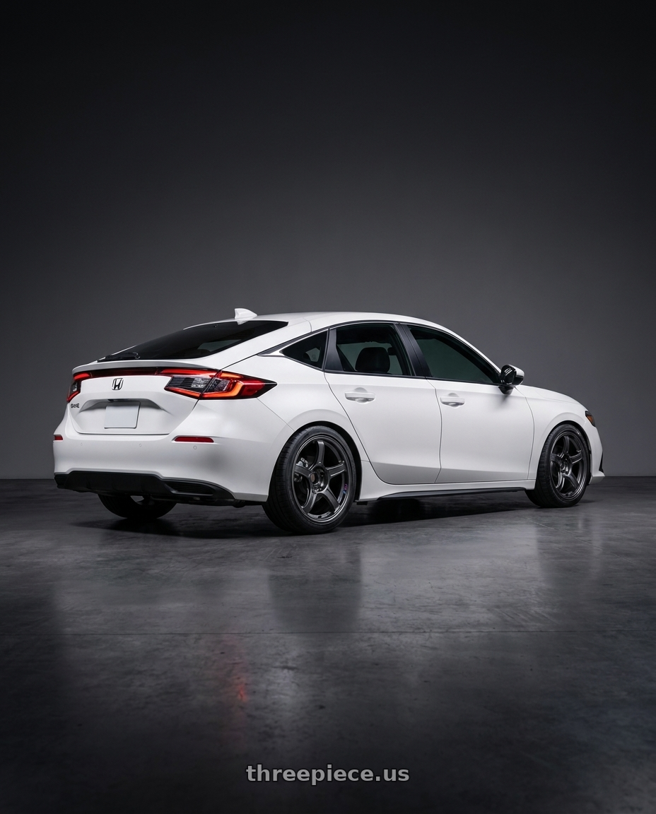 2026 Honda civic  with Ssr Gtx03 5x114.3 18x8.5+45  BLACK GRAPHITE wheels rear three quarter view square tires