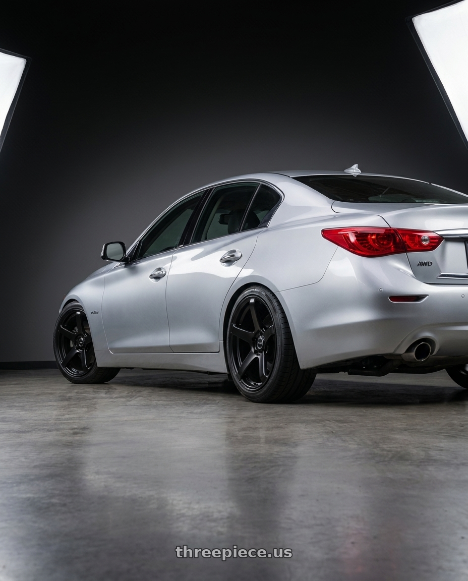 2014 infinity q50 awd with Enkei Kojin 5x114.3 18x8+40 Matte Black wheels rear three quarter view square tires