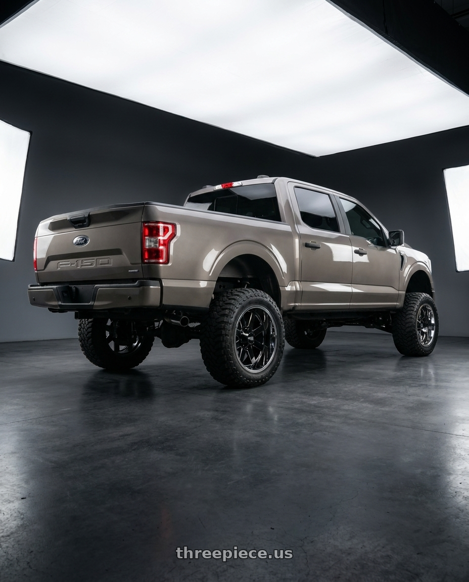 2019 Ford F-150 with Moto Metal MO200 6X135 22X12 -44 GLOSS BLACK MILLED CENTER CHROME LIP wheels rear three quarter view meaty tires