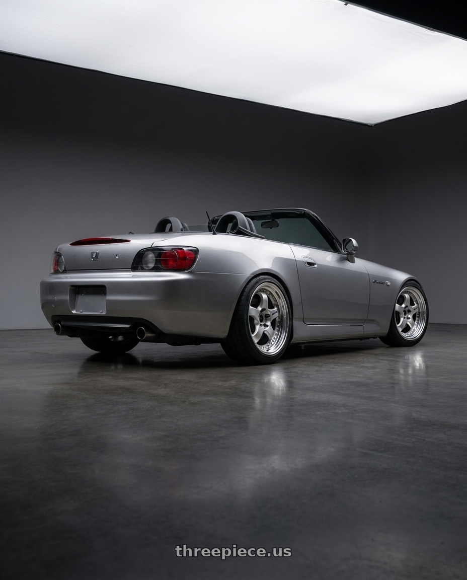2000 Honda S2000 Silver  with Work Meister S1 3P 5x114.3 17x9.5+47 A Disk Silver wheels rear three quarter view square tires