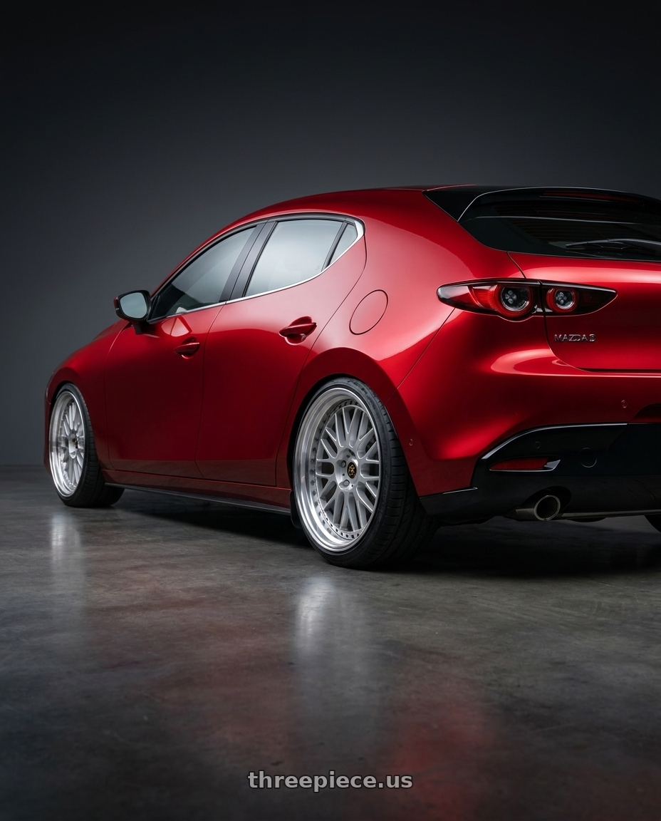 2024 Mazda 3 with Work Vs-Xx 5x100 18x8.5+7 A Disk Light Grey Silver wheels rear three quarter view square tires