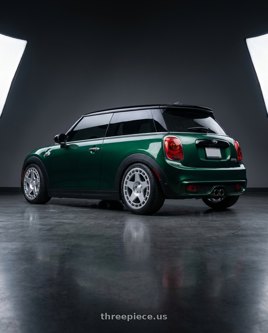 2014 mini cooper s with fifteen52 TURBOMAC 5x112 18x8.5 +45 SPEED SILVER (GLOSS SILVER) wheels rear three quarter view meaty tires