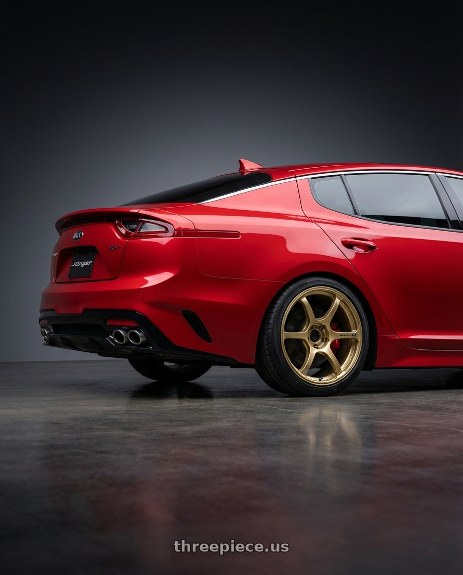 2022 Kia Stinger GT with Advan RGII 5x114.3 19x10+35 Gold wheels rear three quarter view square tires