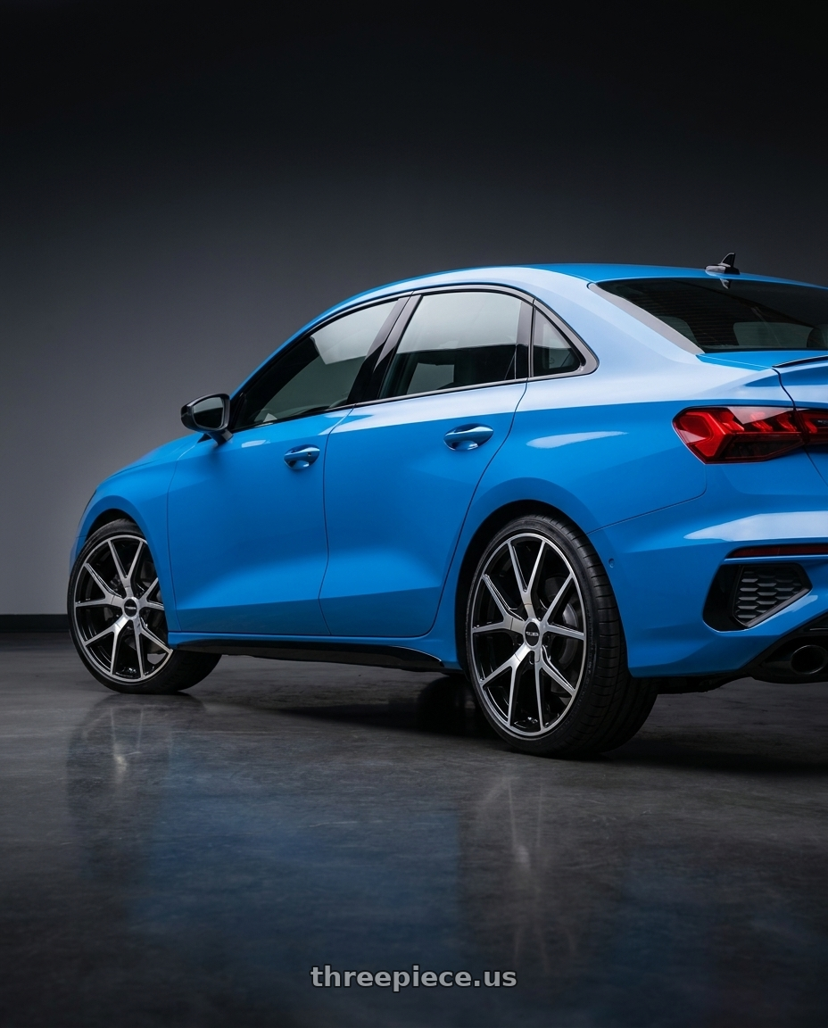 2023 Audi S3 with TOUREN TR60 3260 5x112/5x120 19x8.5 +40 GLOSS BLACK MACHINED wheels rear three quarter view square tires