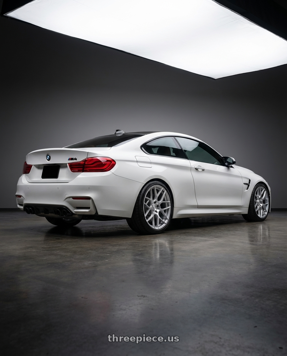 2018 BMW M4 F82 with Aodhan AFF2 5x120 19x9.5+35 Gloss Silver Machined Face wheels rear three quarter view square tires