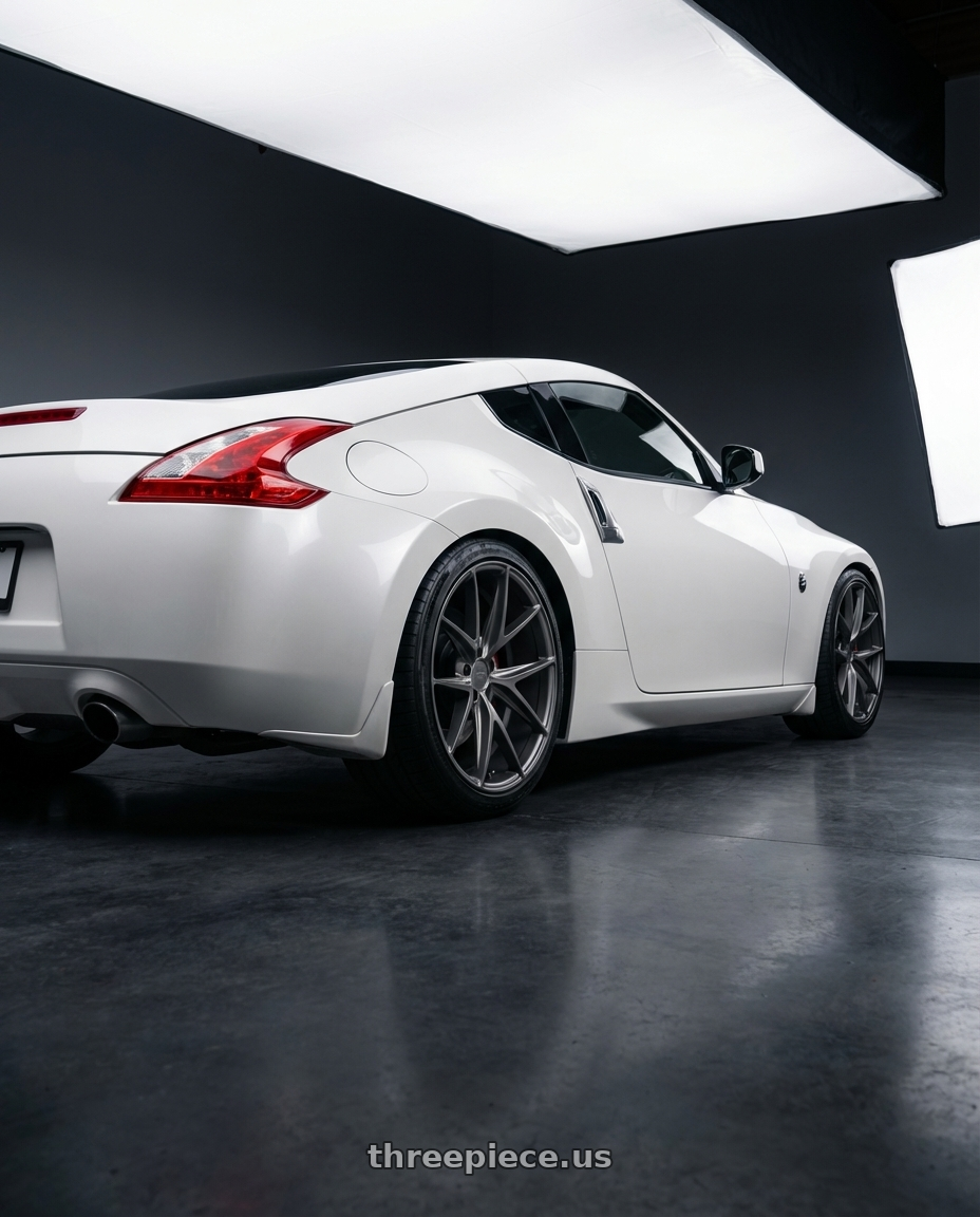 2019 Nissan 370Z with Niche 1PC M116 MISANO 5X114.3 19X8.5 +45 MATTE GUN METAL wheels rear three quarter view square tires
