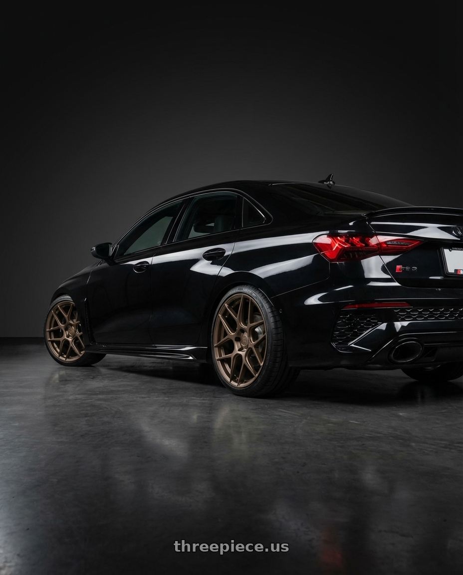 2022 Audi RS3 8Y with Aodhan AFF2 5x112 19x9.5+35 Matte Bronze wheels rear three quarter view square tires