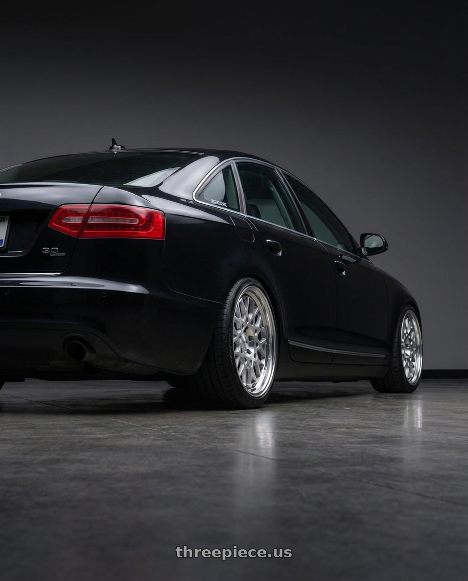 2010 audi a6  with Work Seeker Cx 4x100 16x6.5+30 A Disk Matte Silver Polish wheels rear three quarter view square tires