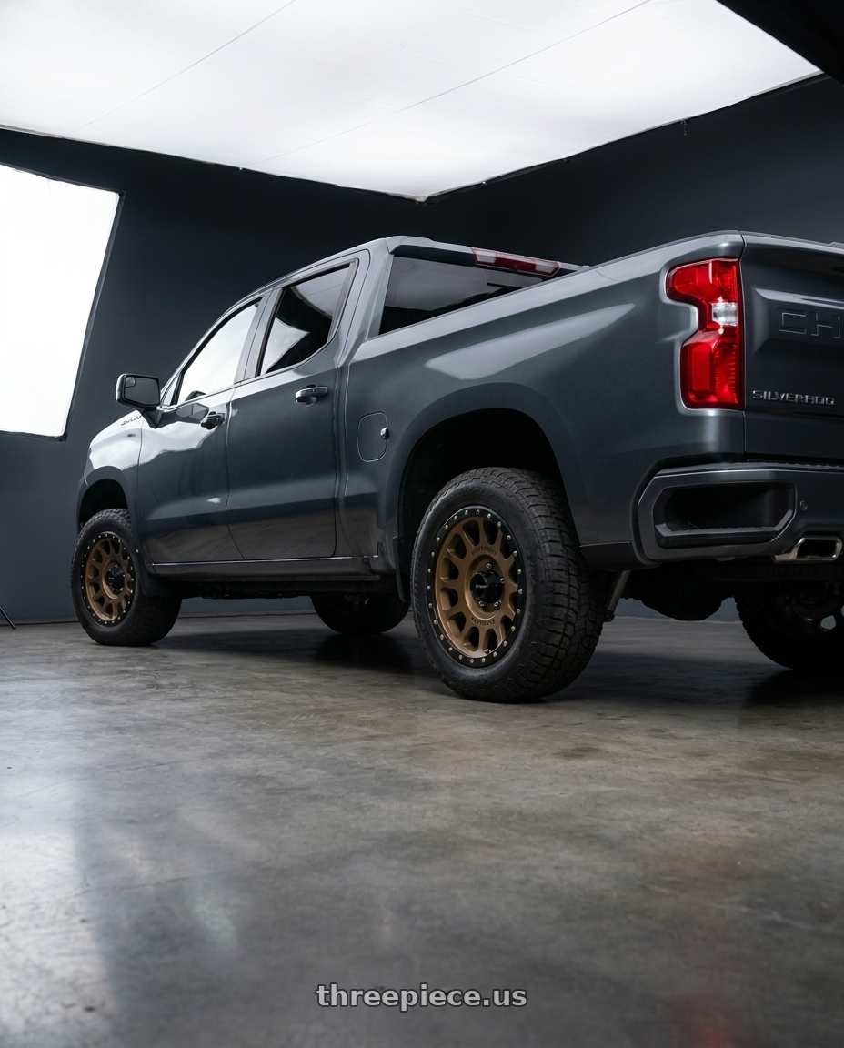 2021 Chevrolet Silverado 1500 LT with Method Race Wheels 305BZ NV 6x139.7 18x9 -12 METHOD BRONZE wheels rear three quarter view square tires