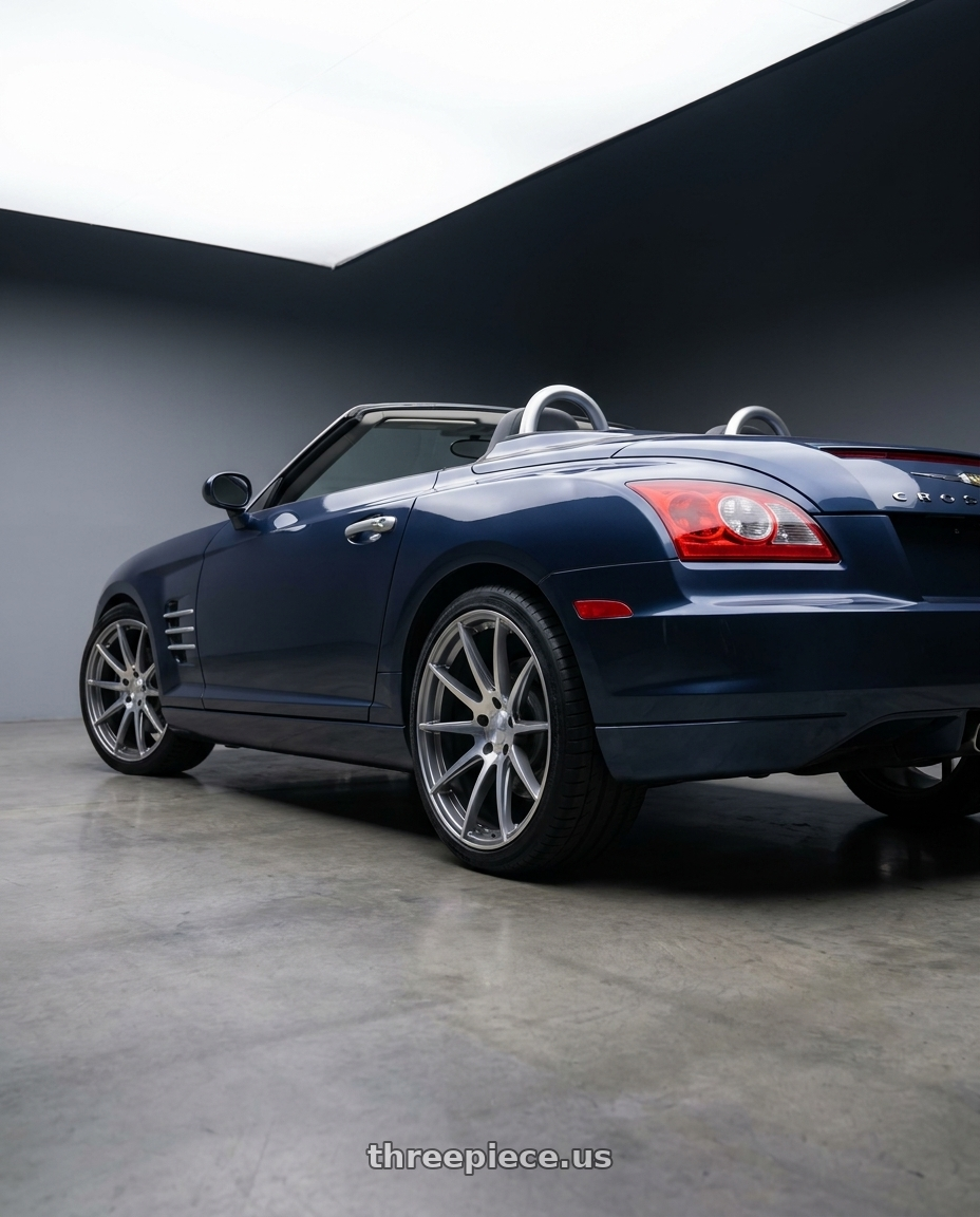 2007 chrysler crossfire with MRR GF5 5x112 19x8.5  +25 Silver Machine Face wheels rear three quarter view square tires