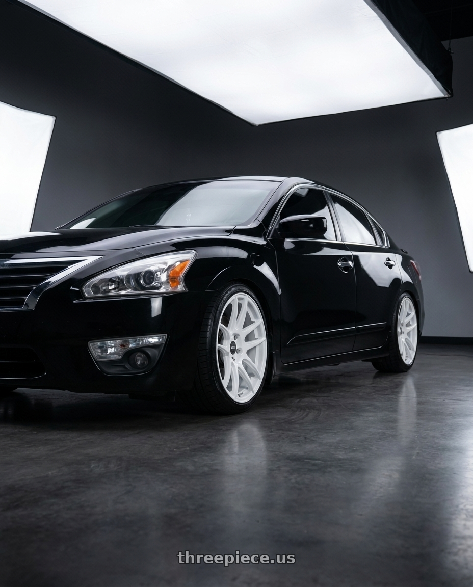 2015 Nissan Altima with ESR Wheels CS8 5x114.3 19x8.5 +35 Gloss White wheels front three quarter view lowered stance