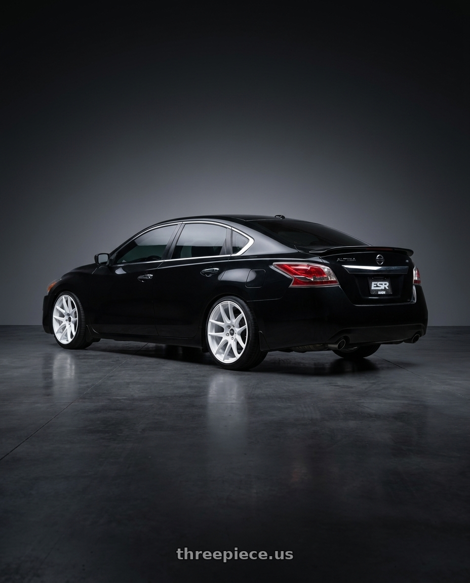 2015 Nissan Altima with ESR Wheels CS8 5x114.3 19x8.5 +35 Gloss White wheels rear three quarter view slight stretch tires