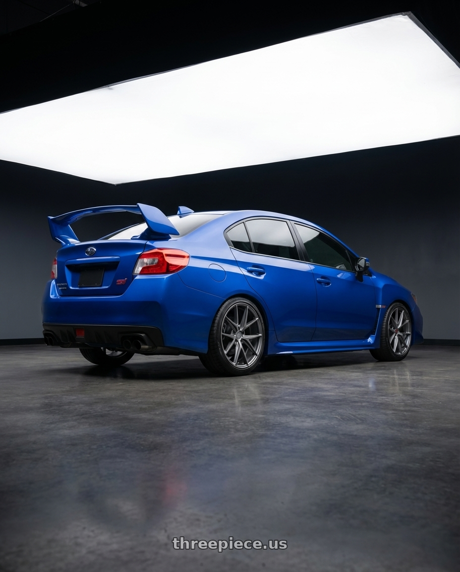 2013 Subaru WRX STI with Niche 1PC M116 MISANO 5X114.3 18X9.5 +40 MATTE GUN METAL wheels rear three quarter view square tires