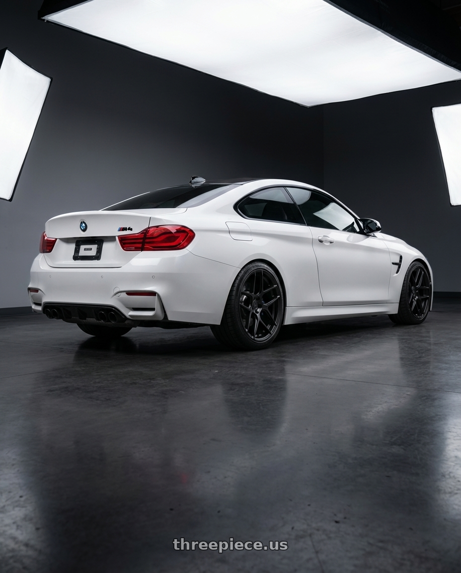 2018 BMW M4 F82 with Aodhan AFF2 5x120 19x9.5+35 Matte Black wheels rear three quarter view square tires