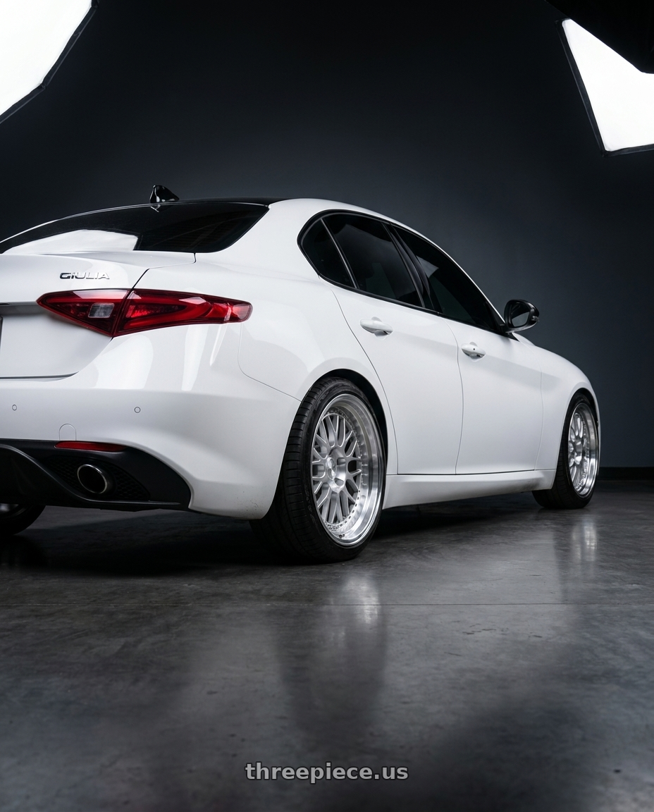 2020 Alfa Romeo Giulia Ti with ESR Wheels SR SERIES SR01 5x110 18x8.5 +30 Hyper Silver wheels rear three quarter view slight stretch tires