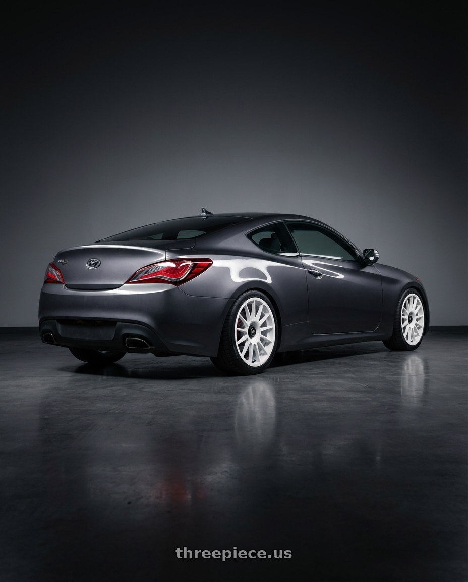 2014 Hyundai Genesis Coupe with fifteen52 PODIUM 5x114.3 / 5x120 19x8.5 +35 RALLY WHITE (GLOSS WHITE) wheels rear three quarter view square tires