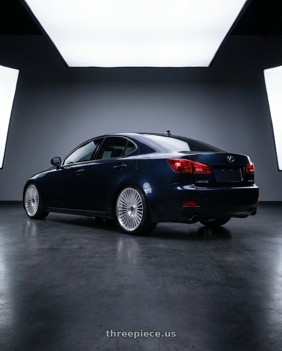 2008 Lexus is250 with DOLCE LUXURY TRENTO 6x135/6x139.7 24x10 +35 Glossy Silver Brush Face wheels rear three quarter view slight stretch tires