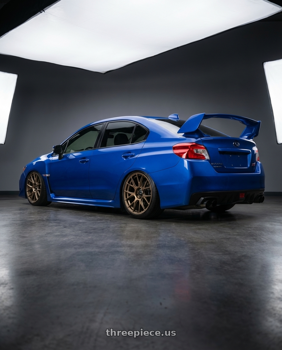 2018 Subaru WRX STI with Konig Ampliform 5x114.3 18x10+20 Gloss Bronze wheels rear three quarter view slight stretch tires