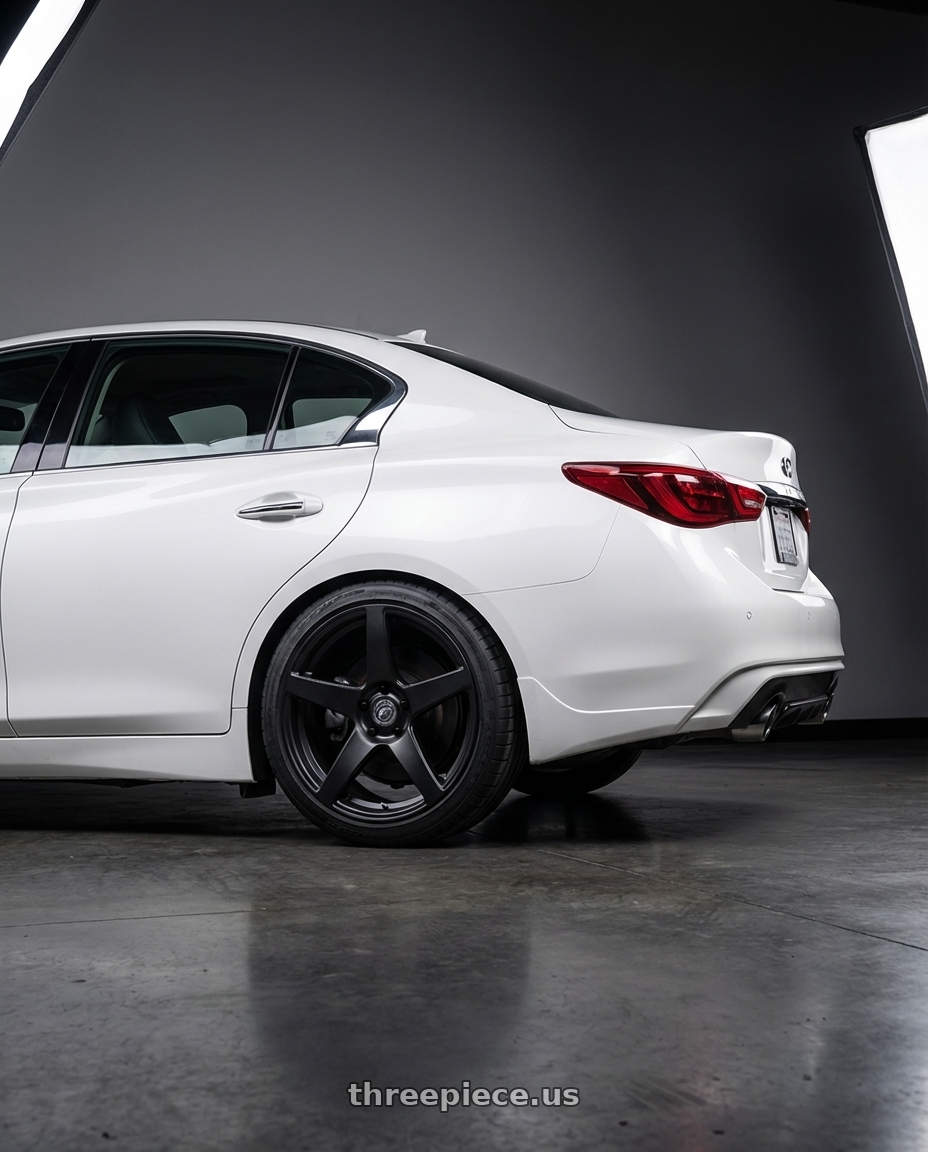 2020 Infiniti Q50 with Forgestar CF5 5x114.3 19x9 +35 Satin Black wheels rear three quarter view square tires