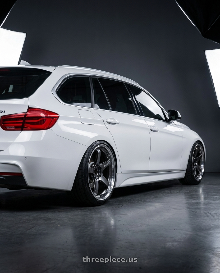 2017 f31 330旅行車白色 with Advan Racing GT BEYOND 5x112 19x8.5 +45 MACHINING & HYPER PLATINUM BLACK wheels rear three quarter view extreme stretch tires