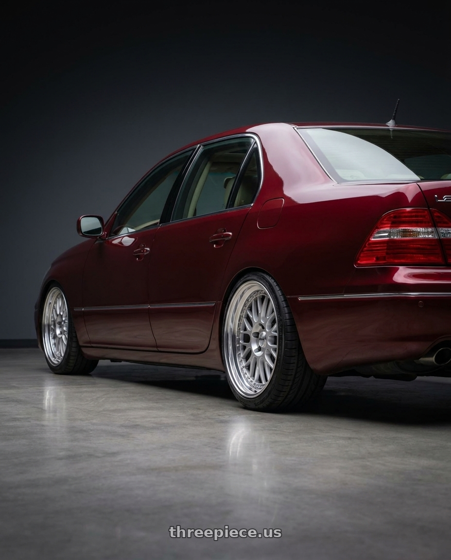 2006 Lexus LS430 with Work Meister M1 3p 4x100 16x8.5+11 O Disk Silver wheels rear three quarter view square tires