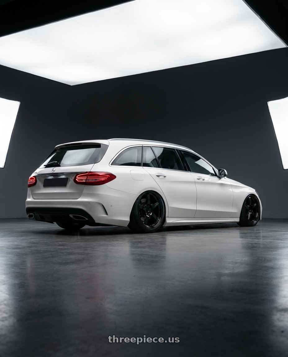 2019 Mercedes Benz C180 Estate White with Gram Lights 57CR 5x112 19x9.5+45 Glossy Black wheels rear three quarter view slight stretch tires