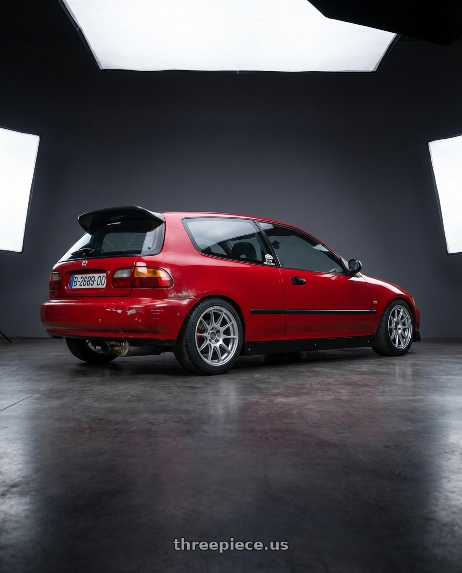 1993 Honda civic eg5 with Enkei PF01 4x100 16x7+43 Silver wheels rear three quarter view square tires