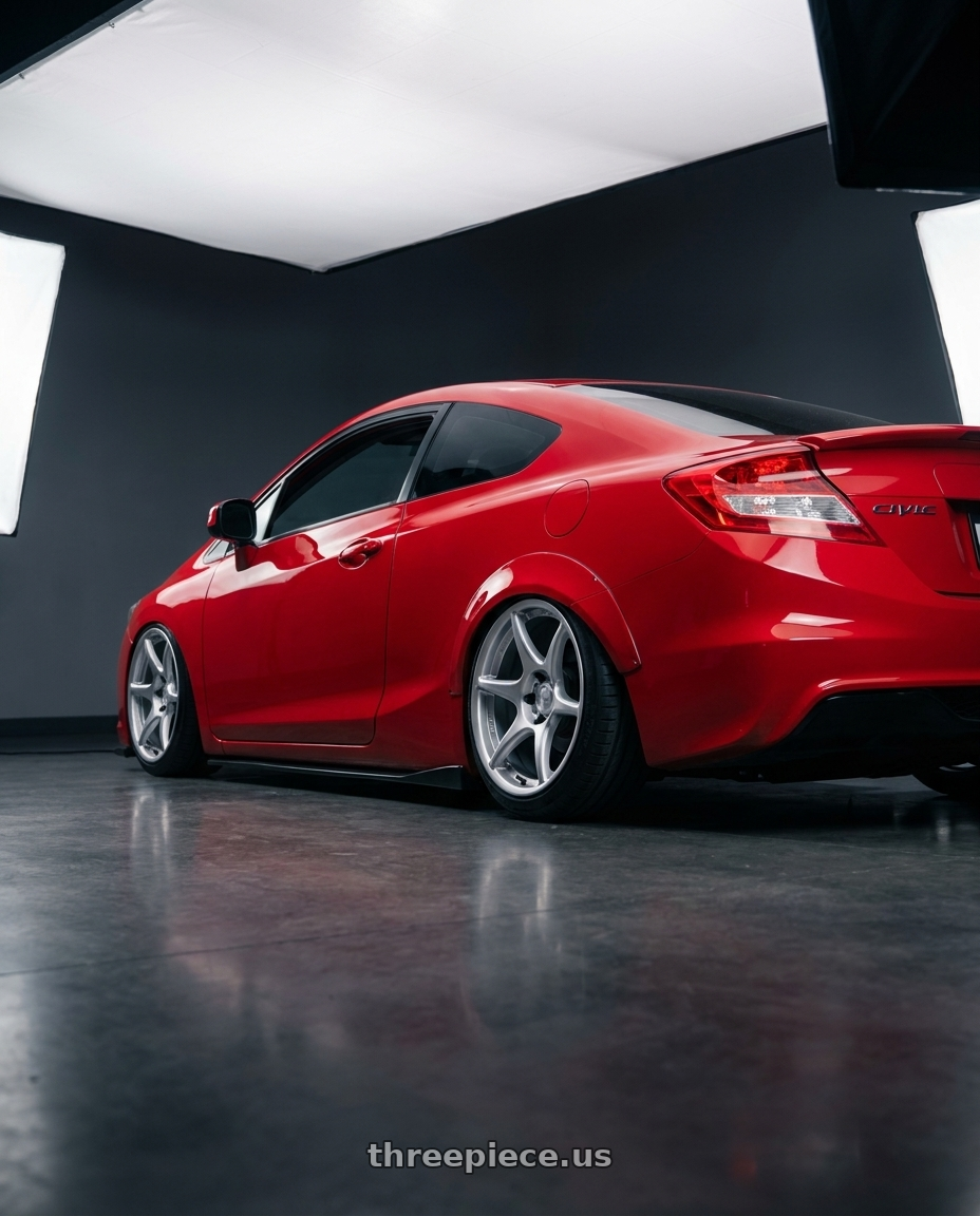2015 Honda Civic Si with Kansei K11S Tandem 5x114.3 18x10.5 12 Hyper Silver wheels rear three quarter view slight stretch tires