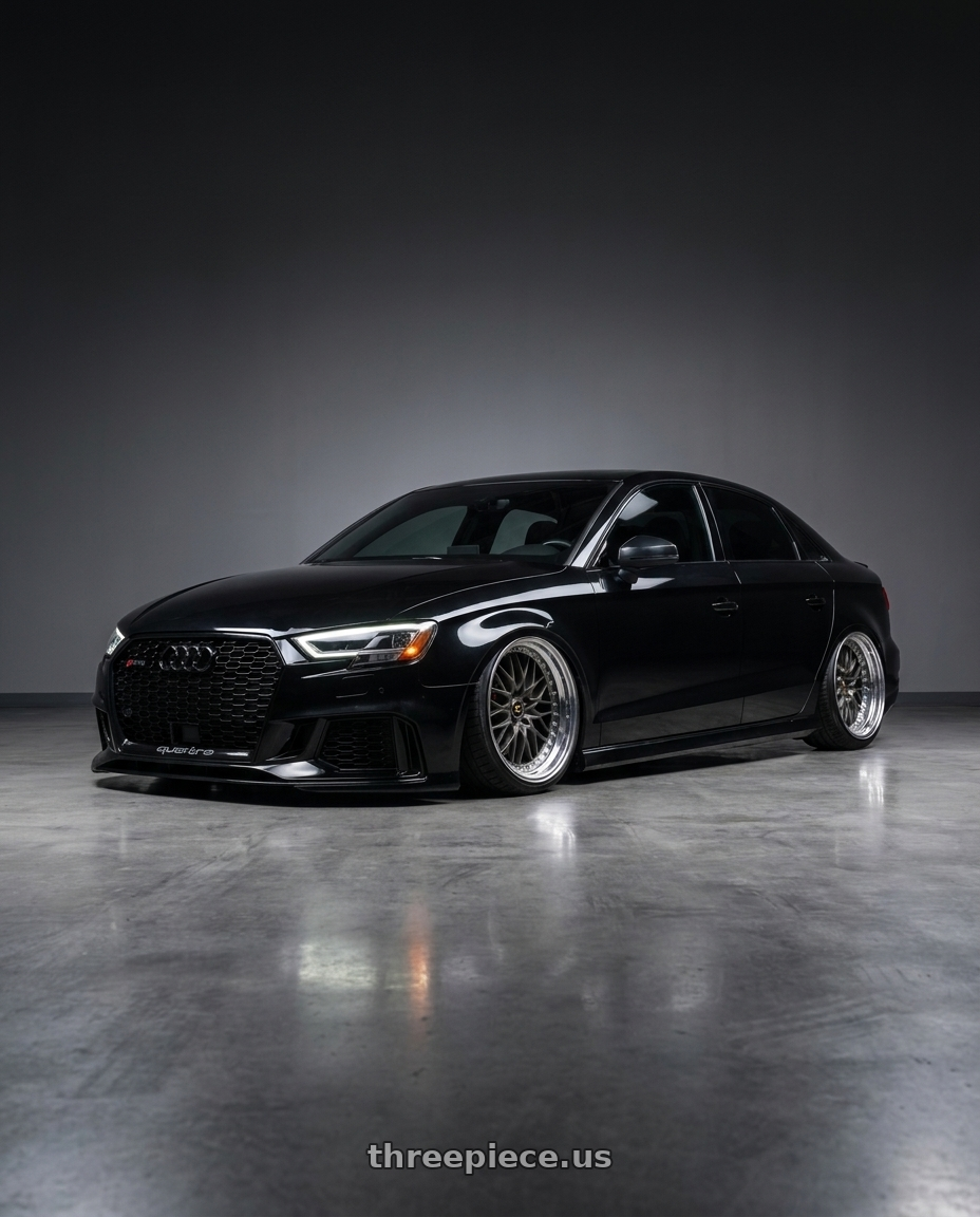 2017 Audi RS3 with Work Vs-Xv 5x112 20x11+28 A Disk Matte Dark Gunmetal wheels front three quarter view stanced stance