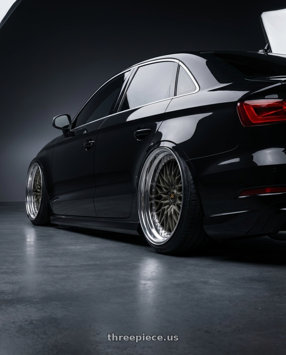 2017 Audi RS3 with Work Vs-Xv 5x112 20x11+28 A Disk Matte Dark Gunmetal wheels rear three quarter view extreme stretch tires