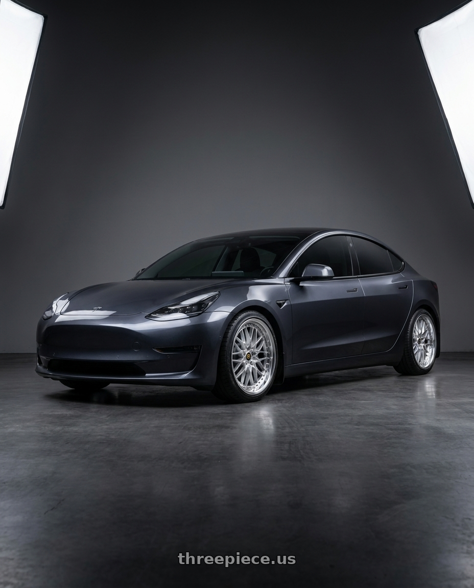 2024 tesla model 3 long with Work Vs-Xv 5x114.3 20x9.5+47 A Disk Silky Rich Silver wheels