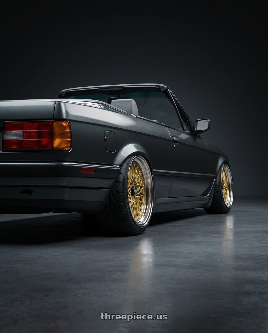 1987 bmw 325ic delphin metallic with SSR Formula MESH 4X100 16X7+26 NR Disk Fm Gold wheels rear three quarter view meaty tires