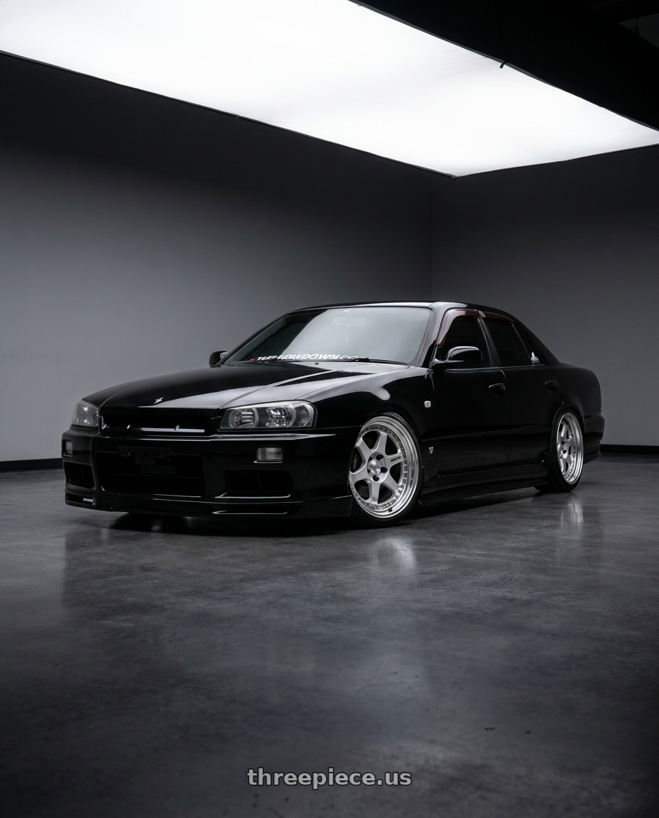 1998 Nissan Skyline R34 25GT 4DR BLACK with Work Meister L1 3P 5x114.3 18x9+14 R Disk Matte Silver wheels