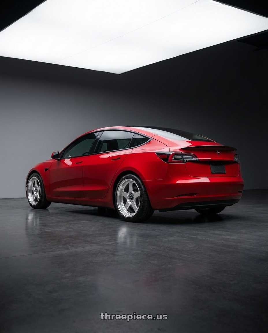 2022 Tesla Model 3 Performance with Vors SP1 5x120 17x8  +35 Silver Machine Face Lip wheels rear three quarter view square tires