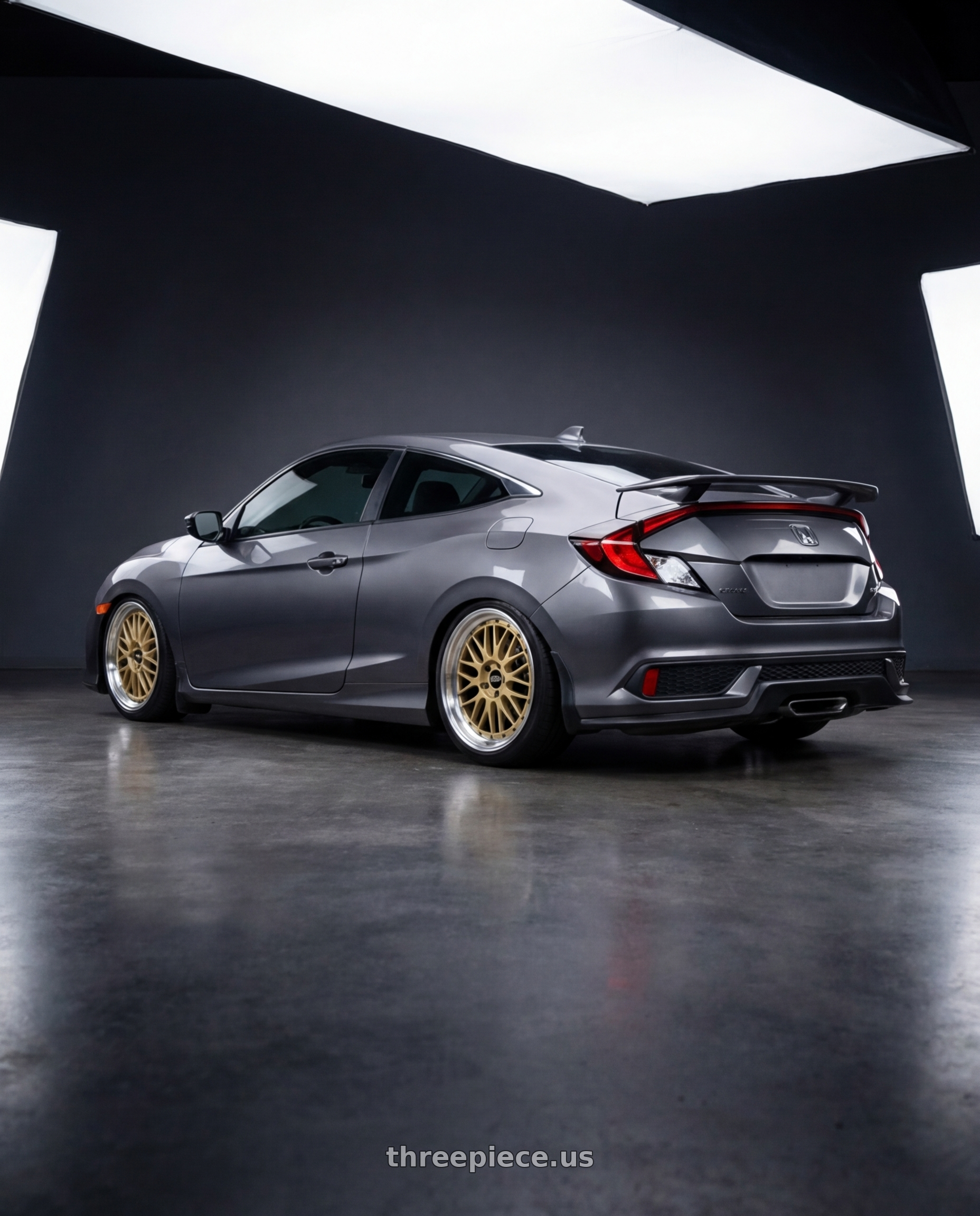 2019 honda civic coupe with BBS LM 5x120 19x10 +25 Gold Center Polished Lip wheels rear three quarter view square tires