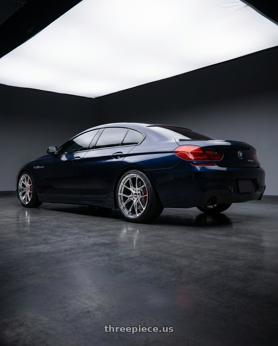 2013 bmw 640i gran coupe with ESR Wheels RF2 5x120 19x8.5 +30 Chrome wheels rear three quarter view slight stretch tires