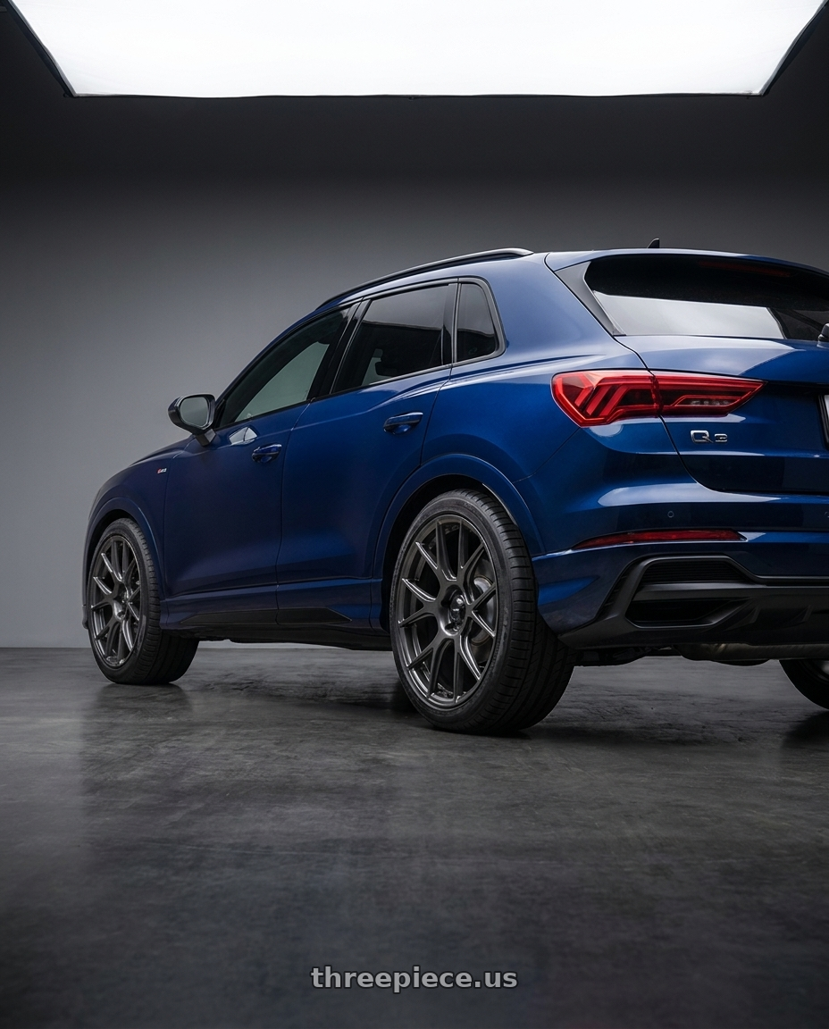 2022 Audi q3 sline with Konig Ampliform 5x114.3 20x9.5+35 Dark Metallic Graphite wheels rear three quarter view square tires