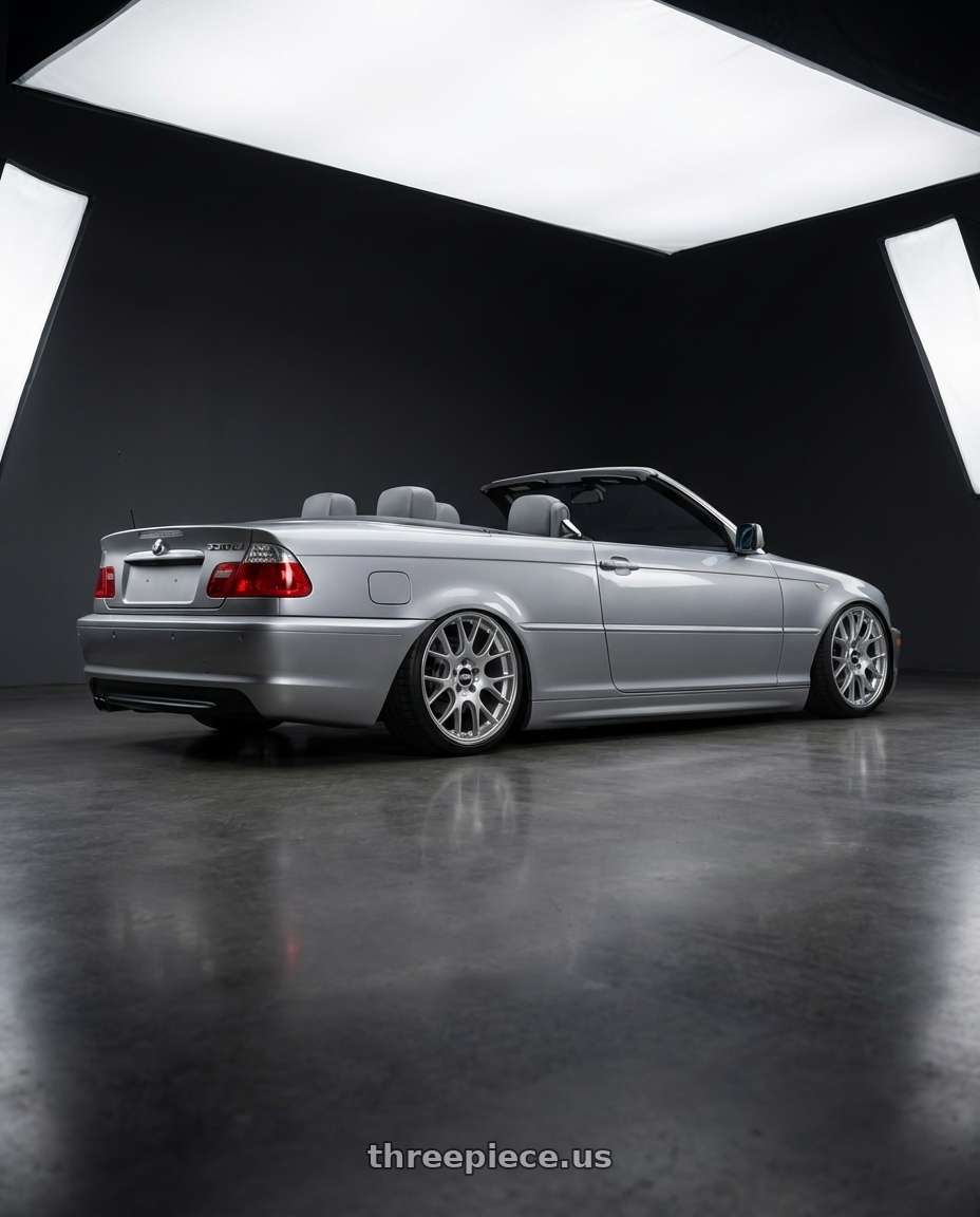 2004 BMW 330ci E46 with BBS CH-R 5x120 19x8.5 +32 Brilliant Silver Polished Rim Protector wheels rear three quarter view square tires