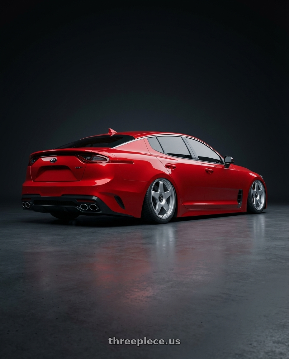 2022 Kia Stinger GT with fifteen52 CHICANE 5x114.3 / 5x120 19x8.5 +35 SPEED SILVER (GLOSS SILVER) wheels rear three quarter view slight stretch tires