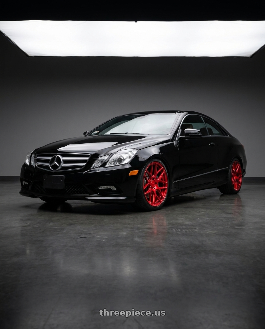 2013 Mercedes-Benz E350 4Matic with MRR FS1 5x112 18x8.5  +35 Candy Red wheels front three quarter view lowered stance