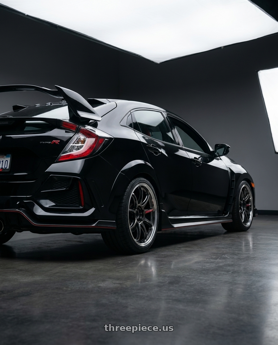 2021 Honda Civic Type R with Work Emotion Zr10 5x120 18x9.5 +38 Glim Black Diamond Rim cut wheels rear three quarter view square tires