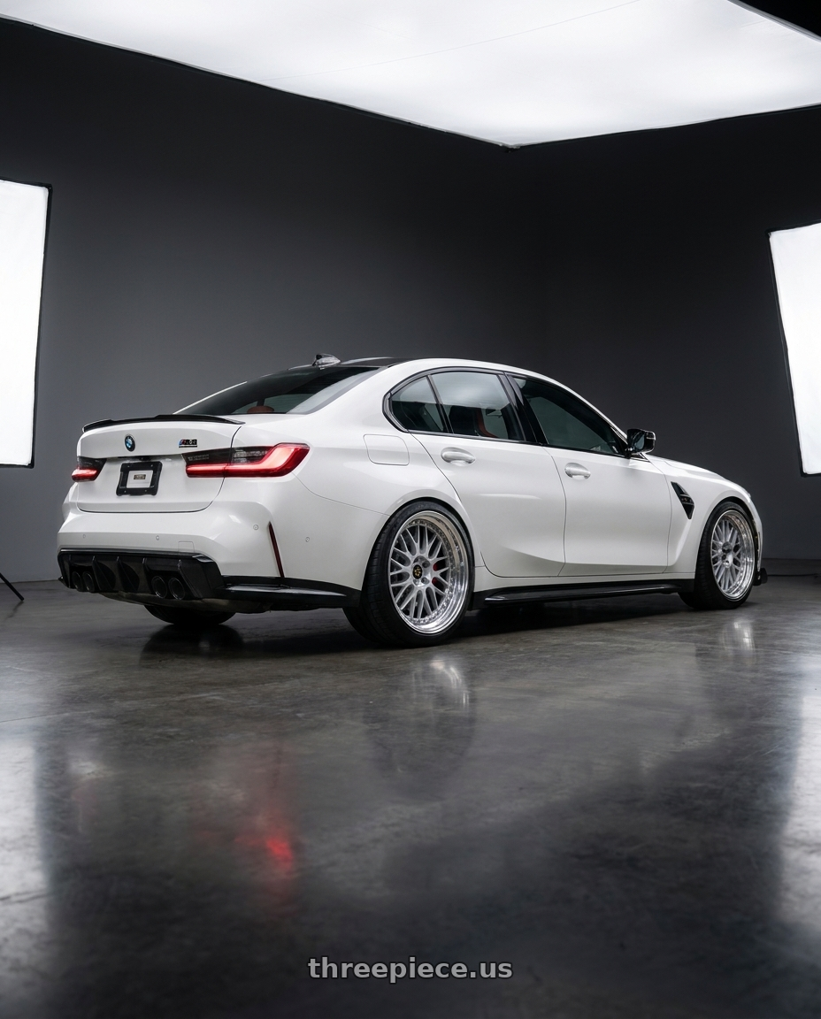 2026 BMW M3 Competition with Work Vs-Xx 5x112 20x10.5+13 O Disk Light Grey Silver wheels rear three quarter view meaty tires