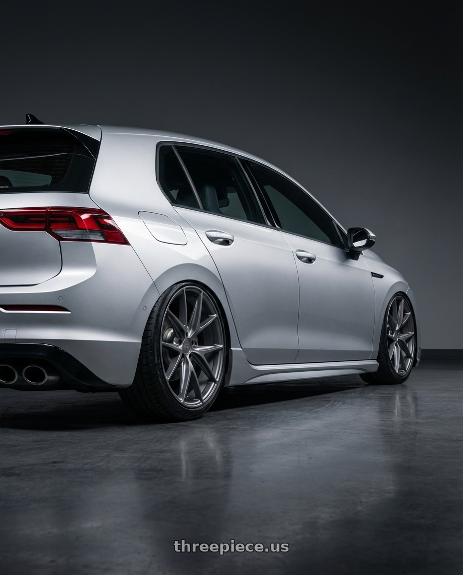 2024 Volkswagen Golf R MK8 with Niche 1PC M116 MISANO 5X112 19X9.5 +50 MATTE GUN METAL wheels rear three quarter view slight stretch tires