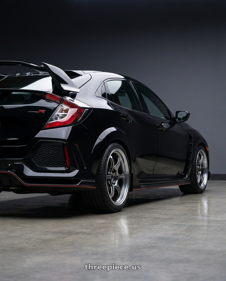 2021 Honda Civic Type R with Advan Racing RG-D2 5x120 18x8.0 +45 MACHINING & RACING HYPER BLACK wheels rear three quarter view square tires