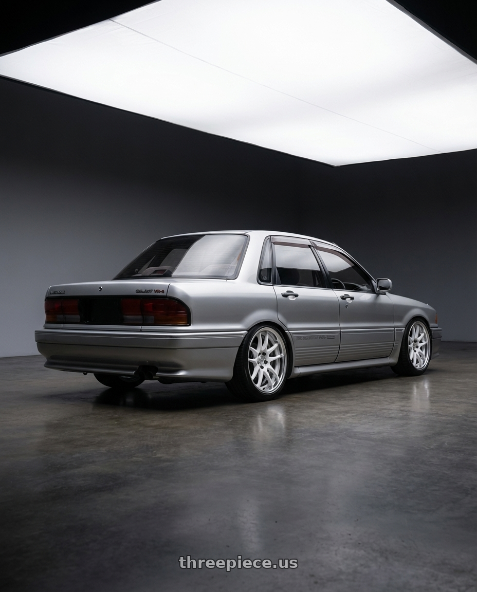 1990 Galant Vr4 with Work Cr 2P 4x100 17x8.5 +12 Gloss White wheels rear three quarter view square tires