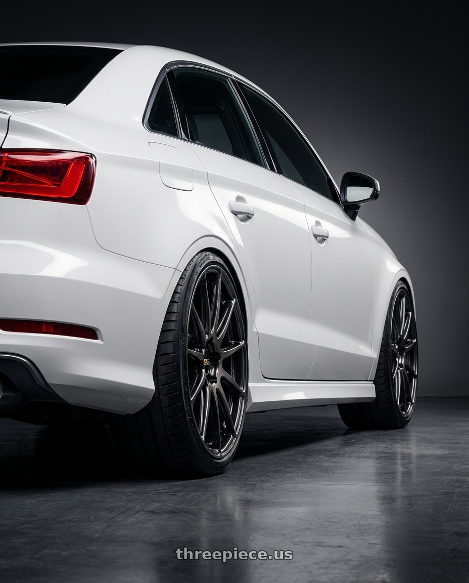 2015 Audi S3 with BBS FS 5x112 19x9.5+45 Diamond Black wheels rear three quarter view extreme stretch tires